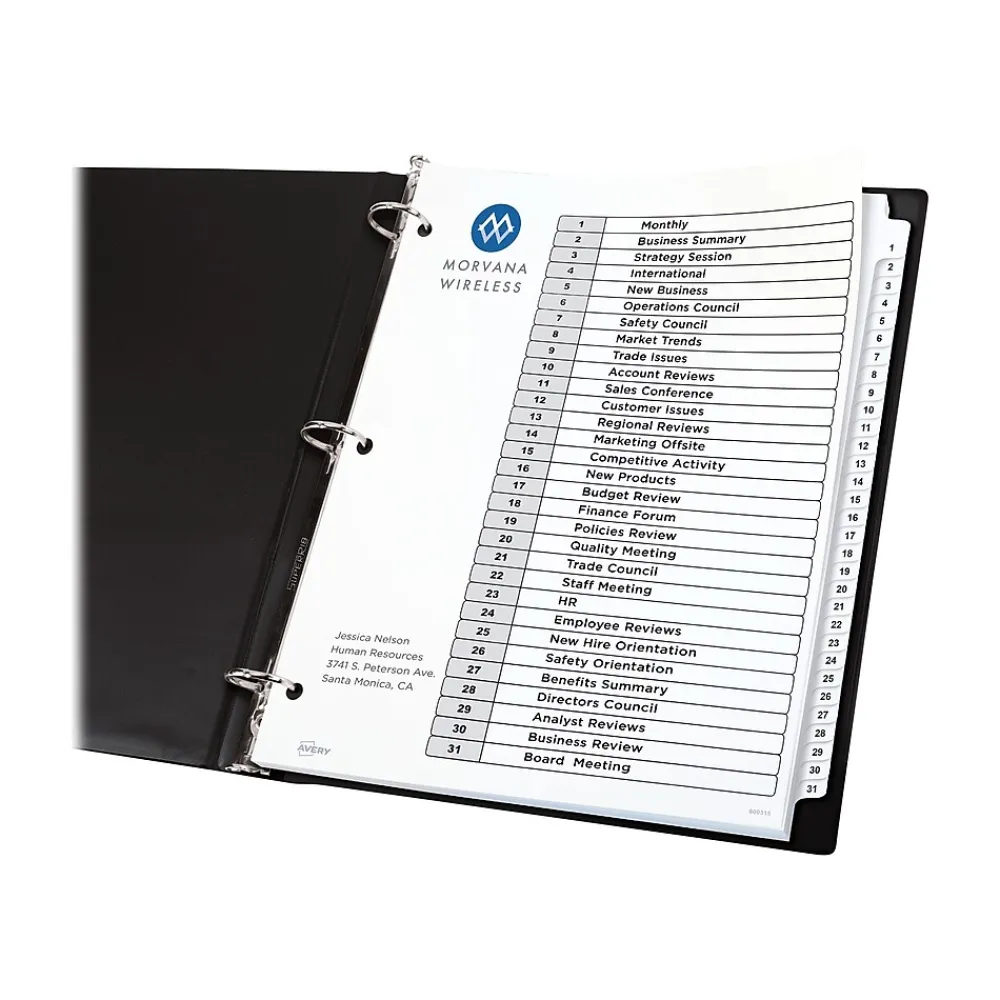 Dividers|Avery Ready Index Table of Contents Paper Dividers, 1-31 Tabs, White, 6 Sets/Pack (11827)