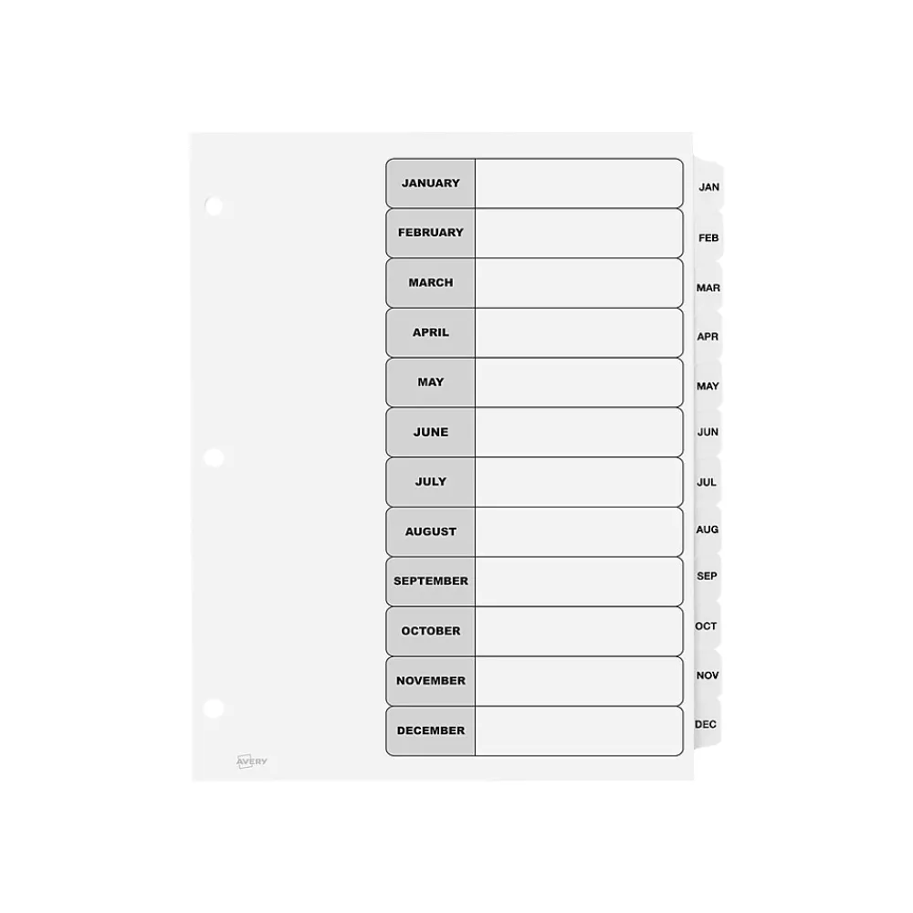 Dividers|Avery Ready Index Table of Contents Paper Dividers, Jan-Dec Tabs, White, 6 Sets/Pack (11826)