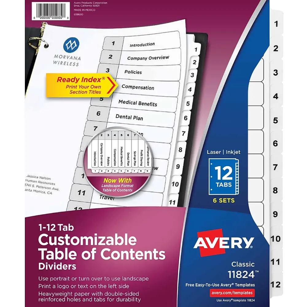 Dividers|Avery Ready Index Table of Contents Paper Dividers, 1-12 Tabs, White, 6 Sets/Pack (11824)