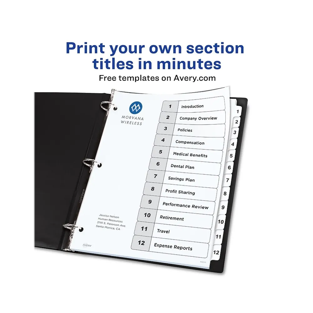 Dividers|Avery Ready Index Table of Contents Paper Dividers, 1-12 Tabs, White, 6 Sets/Pack (11824)