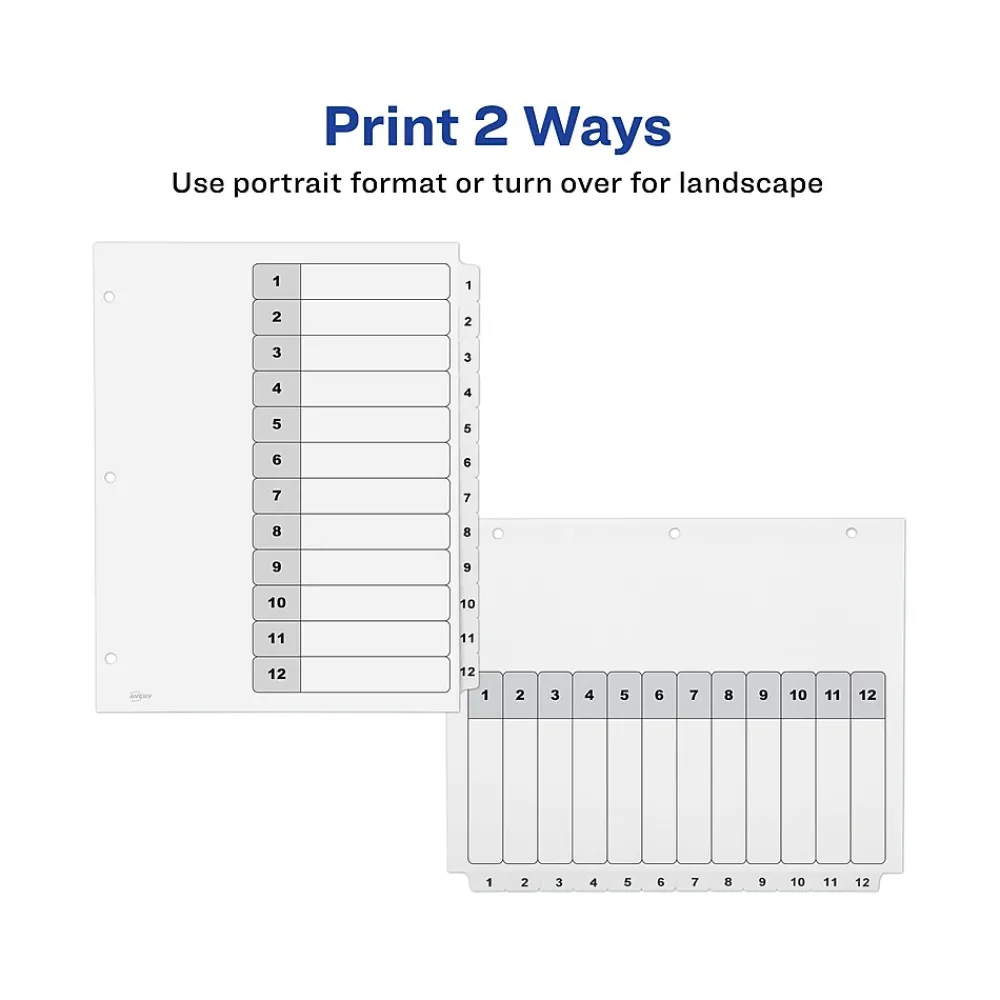 Dividers|Avery Ready Index Table of Contents Paper Dividers, 1-12 Tabs, White, 6 Sets/Pack (11824)