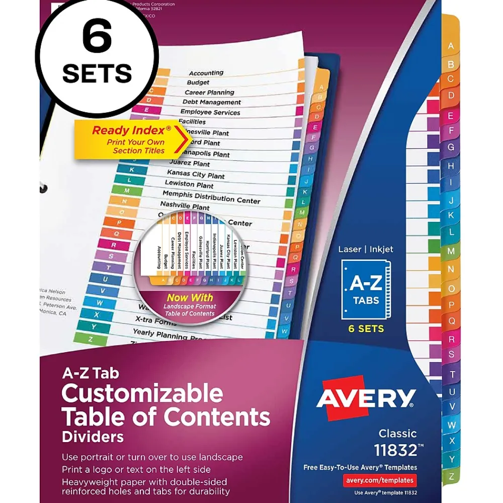 Dividers|Avery Ready Index Table of Contents Pre-Printed Paper Divider, A-Z Tabs , Multicolor, 6 Sets (11832)