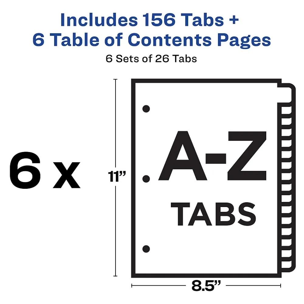 Dividers|Avery Ready Index Table of Contents Pre-Printed Paper Divider, A-Z Tabs , Multicolor, 6 Sets (11832)