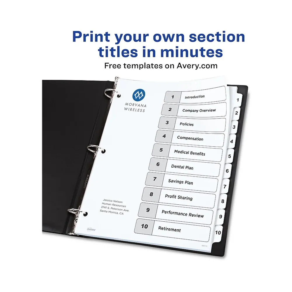 Dividers|Avery Ready Index Table of Contents Paper Dividers, 1-10 Tabs, White, 6 Sets/Pack (11823)