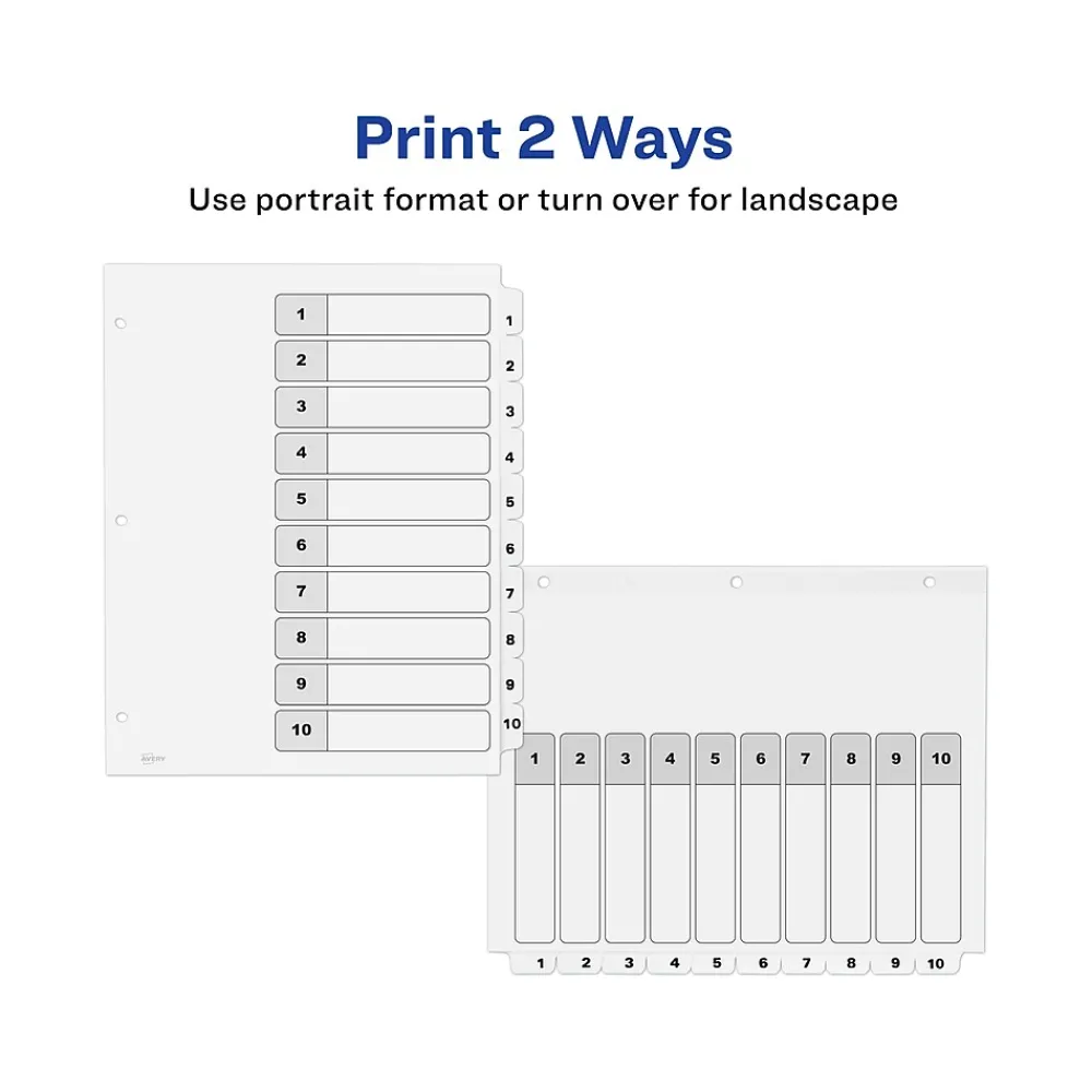 Dividers|Avery Ready Index Table of Contents Paper Dividers, 1-10 Tabs, White, 6 Sets/Pack (11823)