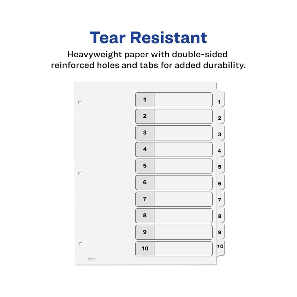 Dividers|Avery Ready Index Table of Contents Paper Dividers, 1-10 Tabs, White, 6 Sets/Pack (11823)