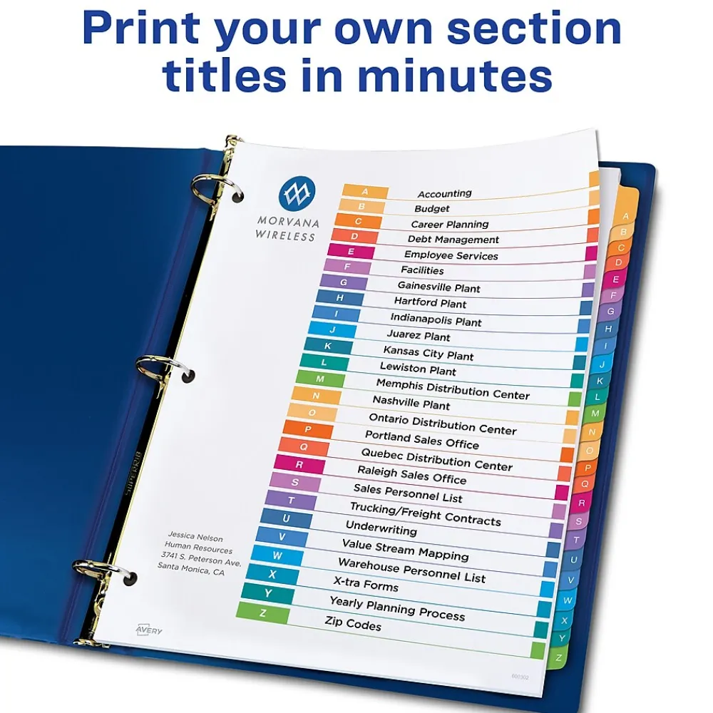 Dividers|Avery Ready Index Table of Contents Pre-Printed Paper Dividers, A-Z Tabs, Multicolor, 1 Set (11125)