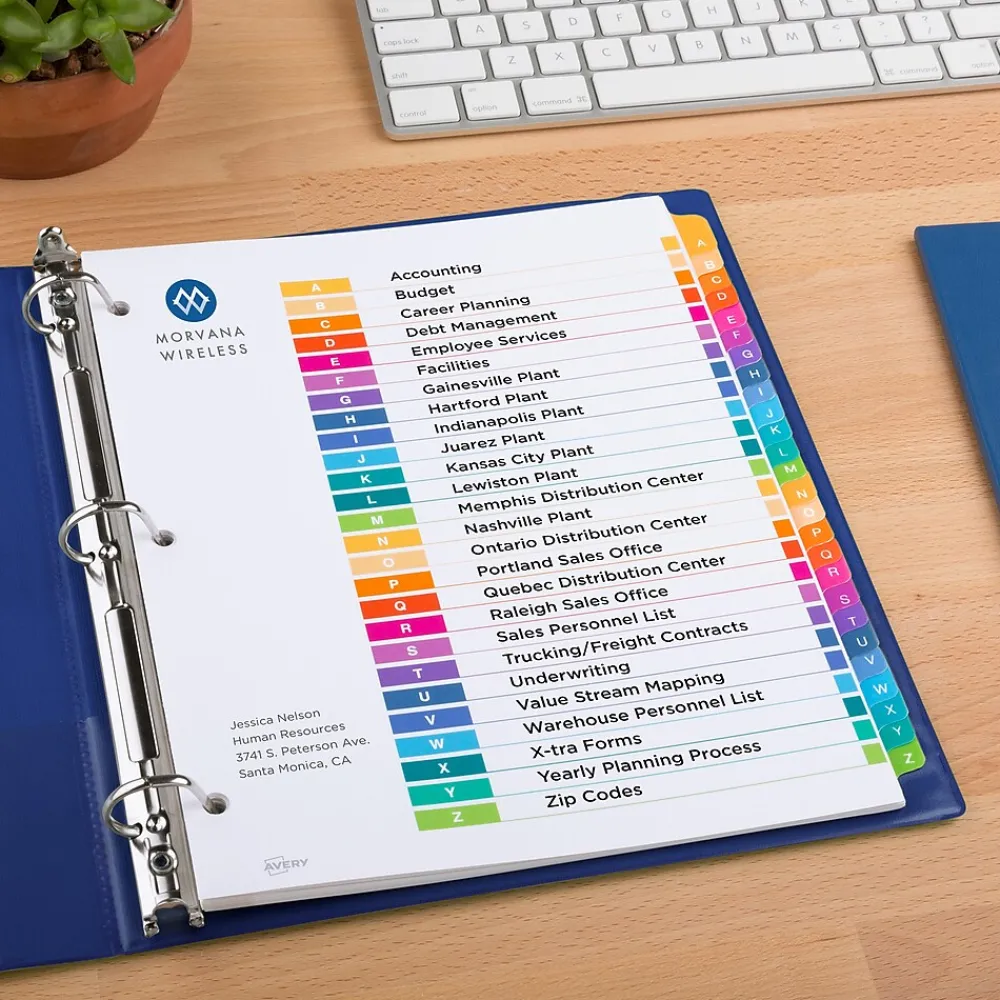Dividers|Avery Ready Index Table of Contents Pre-Printed Paper Dividers, A-Z Tabs, Multicolor, 1 Set (11125)