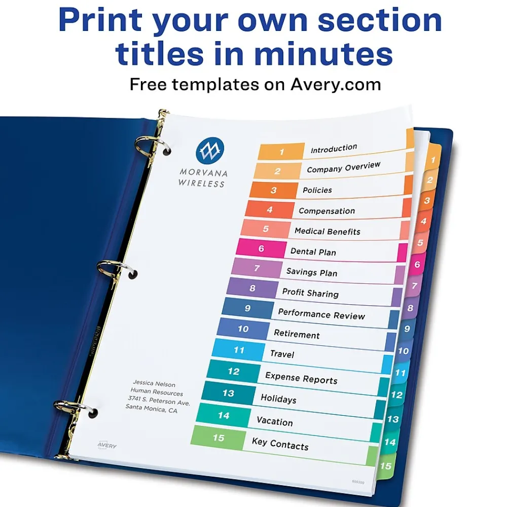 Dividers|Avery Ready Index Table of Contents Pre-Printed Paper Dividers, 15 Tabs, Multicolor, 1 Set (11143)