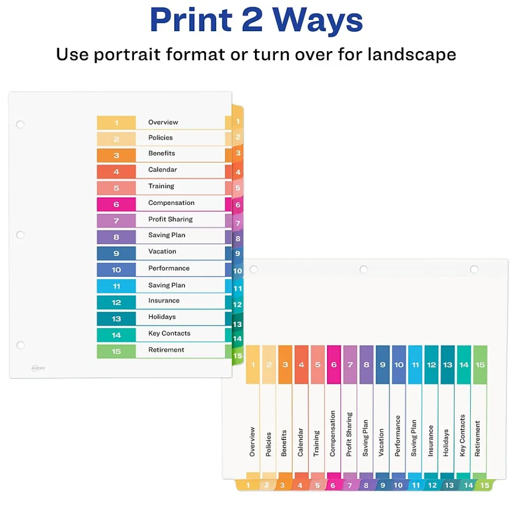 Dividers|Avery Ready Index Table of Contents Pre-Printed Paper Dividers, 15 Tabs, Multicolor, 1 Set (11143)