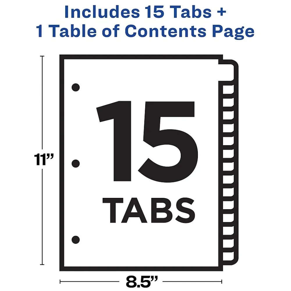 Dividers|Avery Ready Index Table of Contents Pre-Printed Paper Dividers, 15 Tabs, Multicolor, 1 Set (11143)