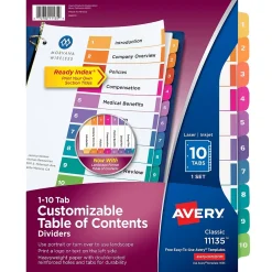 Dividers|Avery Ready Index Table of Contents Paper Dividers, 1-10 Tabs, Multicolor (11135)
