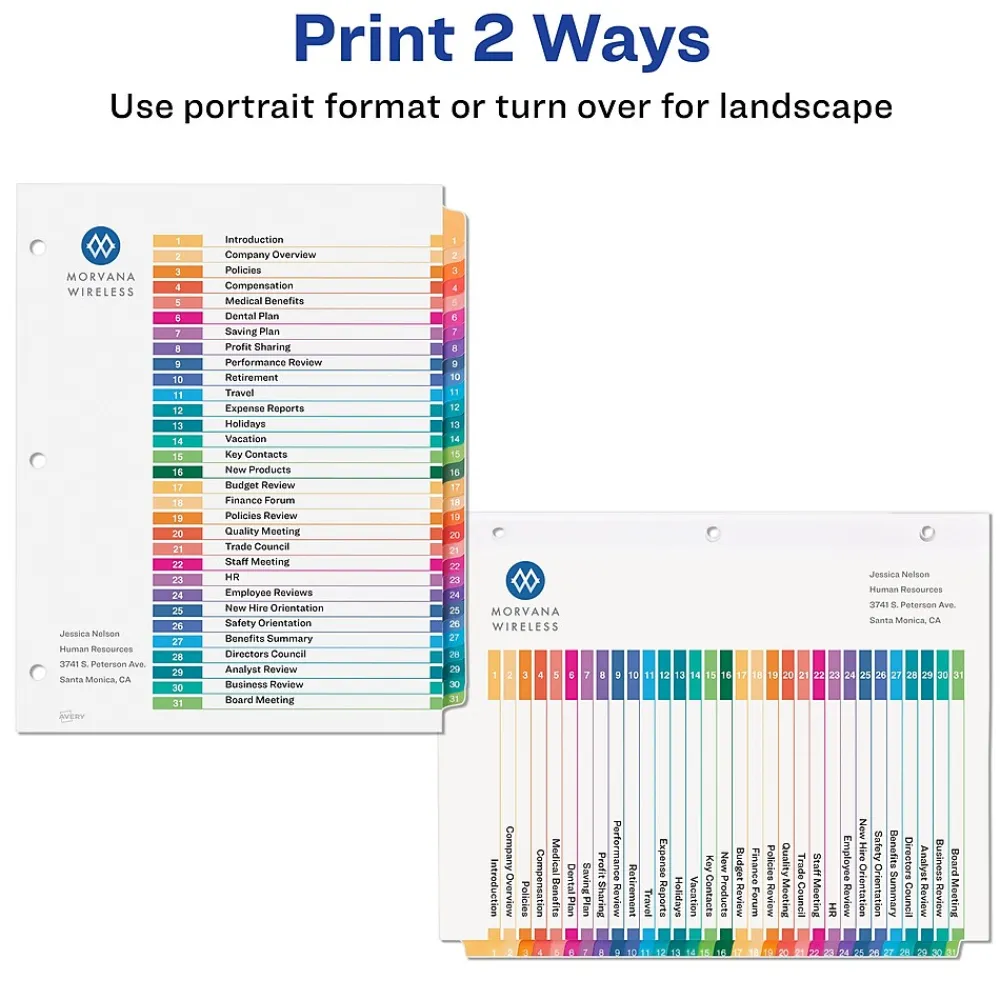 Dividers|Avery Ready Index Table of Contents Pre-Printed Numeric Paper Divider, 31 Tabs, Multicolor, 1 Set (11129)