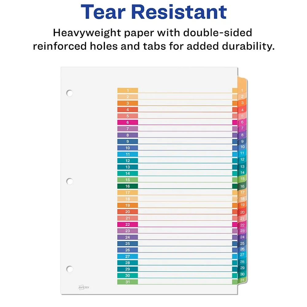 Dividers|Avery Ready Index Table of Contents Pre-Printed Numeric Paper Divider, 31 Tabs, Multicolor, 1 Set (11129)