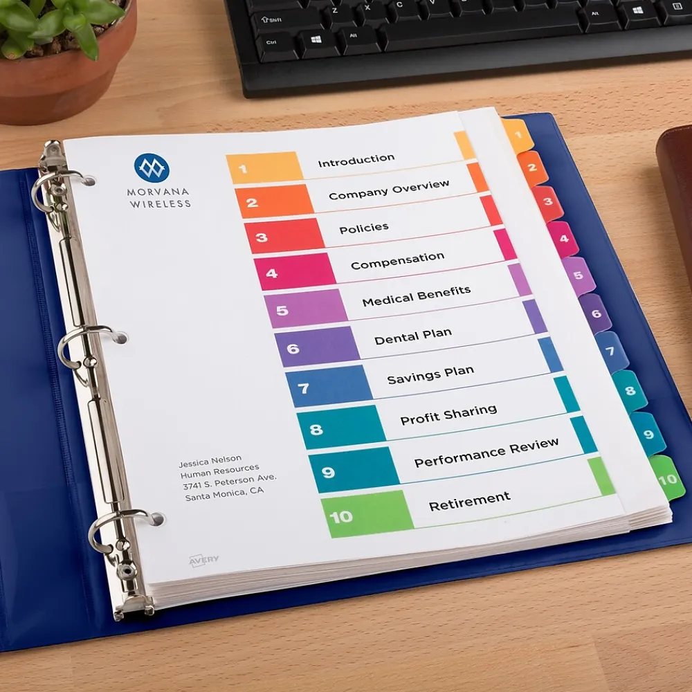 Dividers|Avery Ready Index Table of Contents Extra-Wide Paper Dividers, 1-10 Tab, Multicolor (11165)