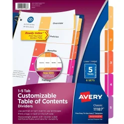 Dividers|Avery Ready Index Table of Contents Paper Dividers, 1-5 Tabs, Multicolor, 6 Sets/Pack (11187)