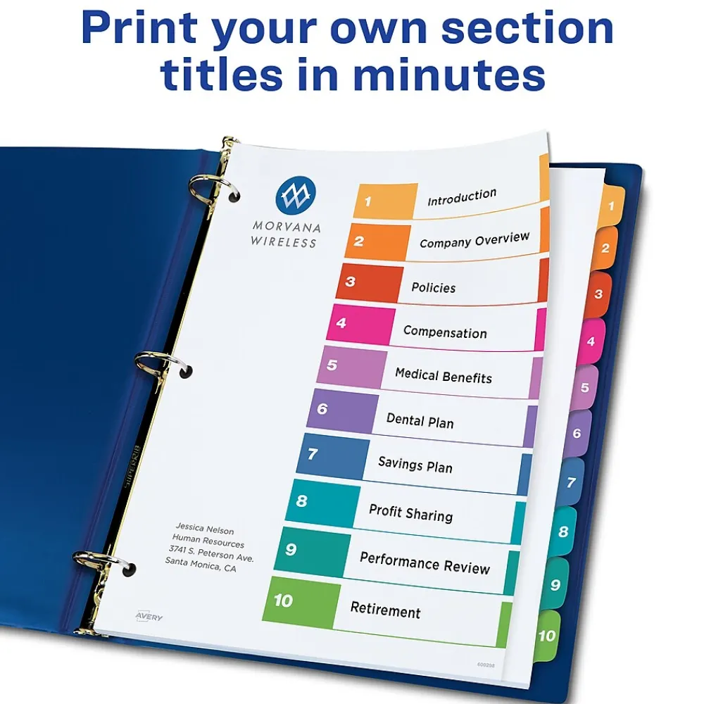 Dividers|Avery Ready Index Table of Contents Paper Dividers, 1-10 Tabs, Multicolor, 6 Sets/Pack (11188)