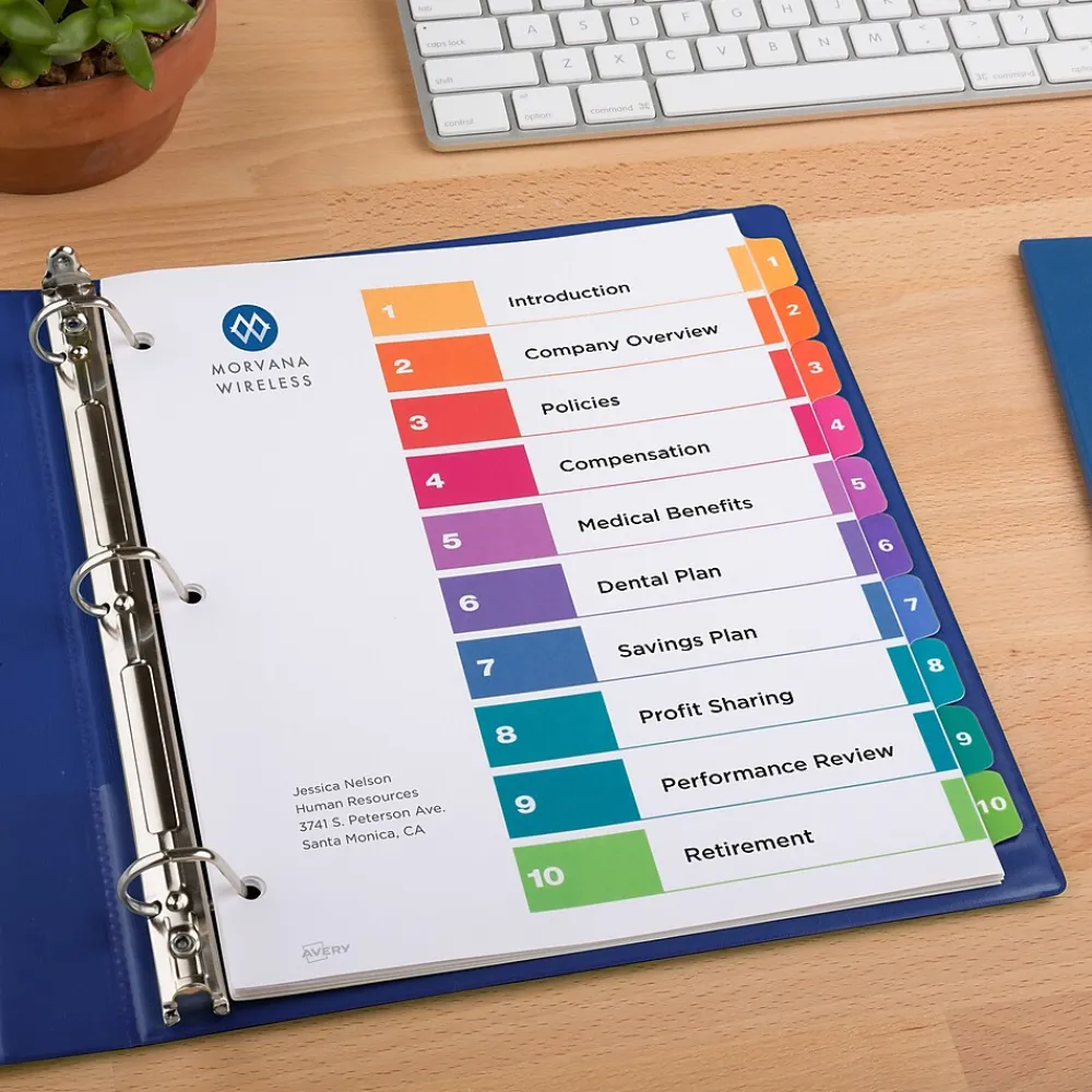 Dividers|Avery Ready Index Table of Contents Paper Dividers, 1-10 Tabs, Multicolor, 6 Sets/Pack (11188)
