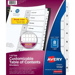 Dividers|Avery Ready Index Table of Contents Paper Dividers, 1-8 Tabs, White (11132)