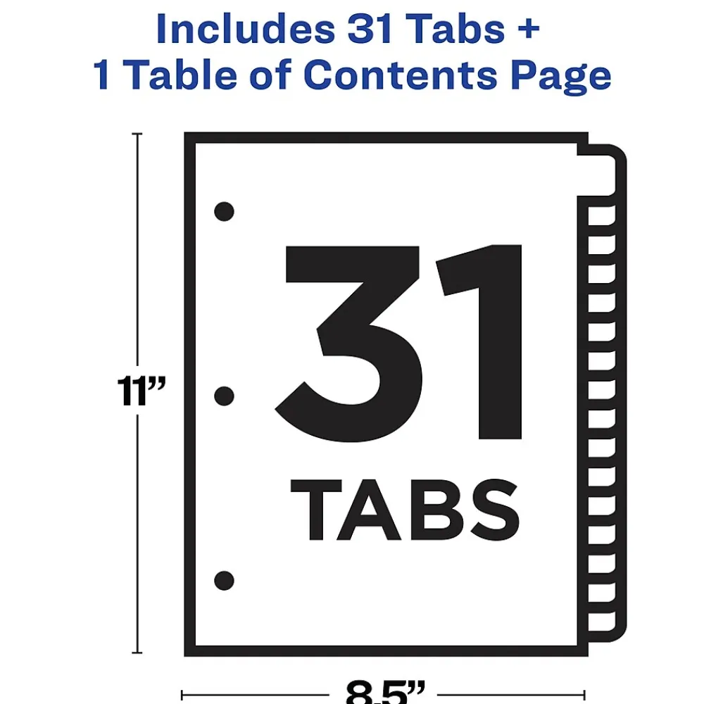 Dividers|Avery Ready Index Table of Contents Pre-Printed Numeric Paper Divider, 31 Tabs, White, 1 Set (11128/RI21331C)