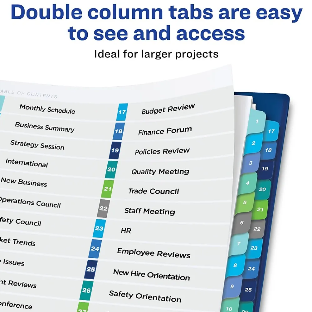 Dividers|Avery Ready Index Table of Contents Double Column Paper Dividers, 1-32 Tabs, Multicolor (11322)