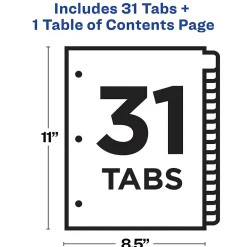 Dividers|Avery Ready Index Table of Contents EcoFriendly Paper Dividers, 1-31 Tabs, Multicolor (11084)