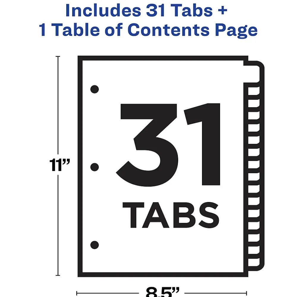 Dividers|Avery Ready Index Table of Contents EcoFriendly Paper Dividers, 1-31 Tabs, Multicolor (11084)