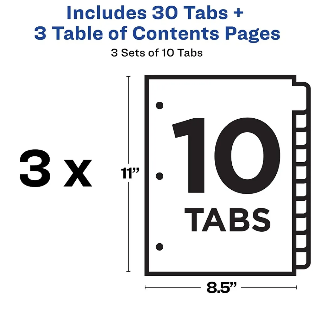 Dividers|Avery Ready Index Table of Contents EcoFriendly Paper Dividers, 1-10 Tabs, Multicolor, 3 Sets/Pack (11082)