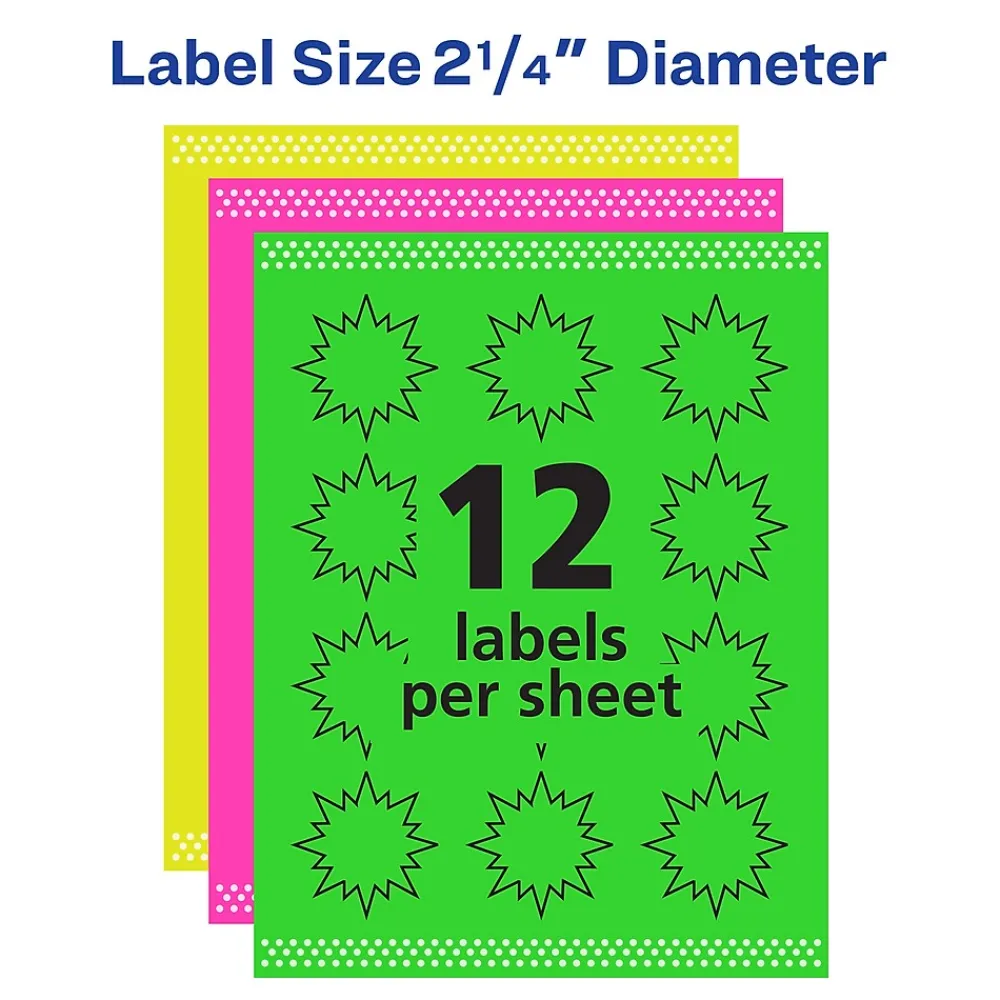 Labels|Avery Sure Feed Laser Burst Label, 2 1/4" Dia, Assorted Neon, 180 Labels/Pack (5995)