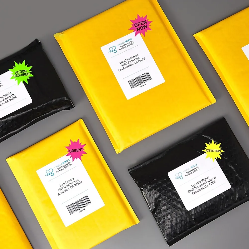 Labels|Avery Sure Feed Laser Burst Label, 2 1/4" Dia, Assorted Neon, 180 Labels/Pack (5995)