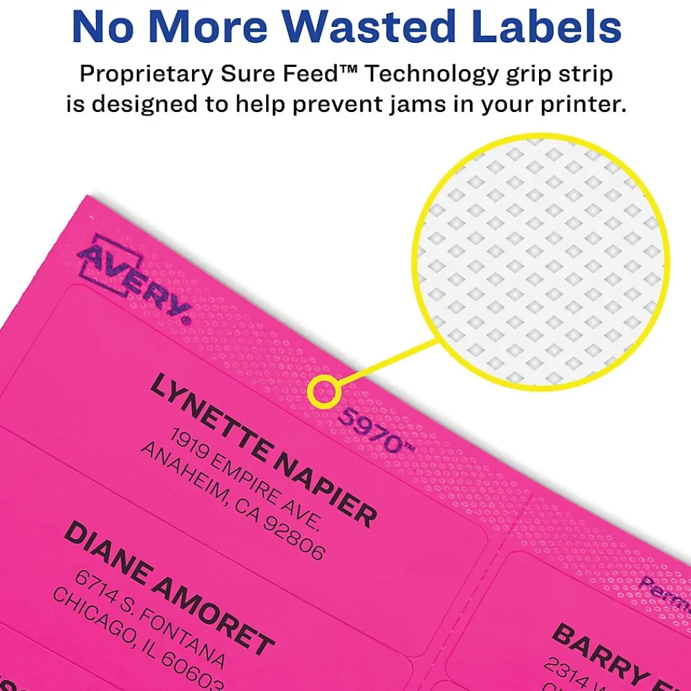 Labels|Avery Sure Feed Laser Shipping Labels, 2"x 4", Assorted Neon, 500 Labels/Box (5956)