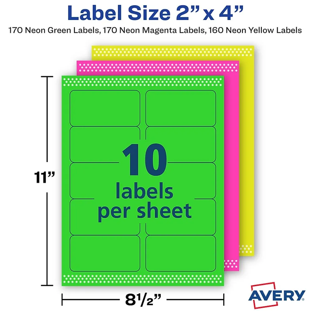 Labels|Avery Sure Feed Laser Shipping Labels, 2"x 4", Assorted Neon, 500 Labels/Box (5956)