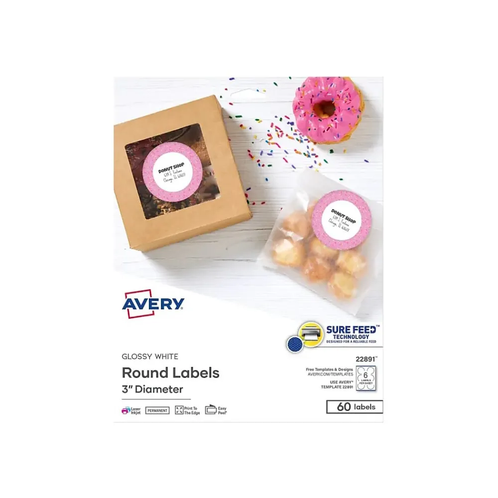 Labels|Avery Sure Feed Laser/Inkjet Round Labels, 3" Dia, Glossy White, 60 Labels/Pack (22891)