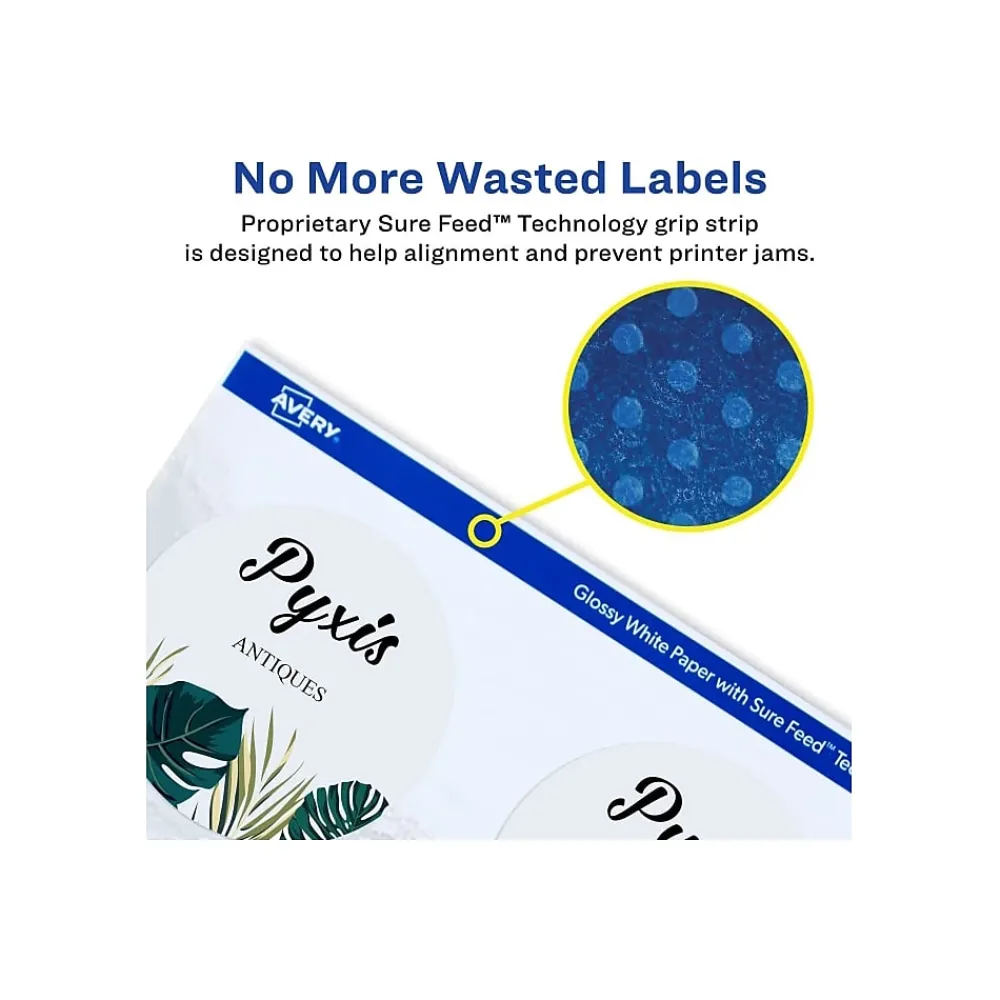 Labels|Avery Sure Feed Laser/Inkjet Round Labels, 3" Dia, Glossy White, 60 Labels/Pack (22891)