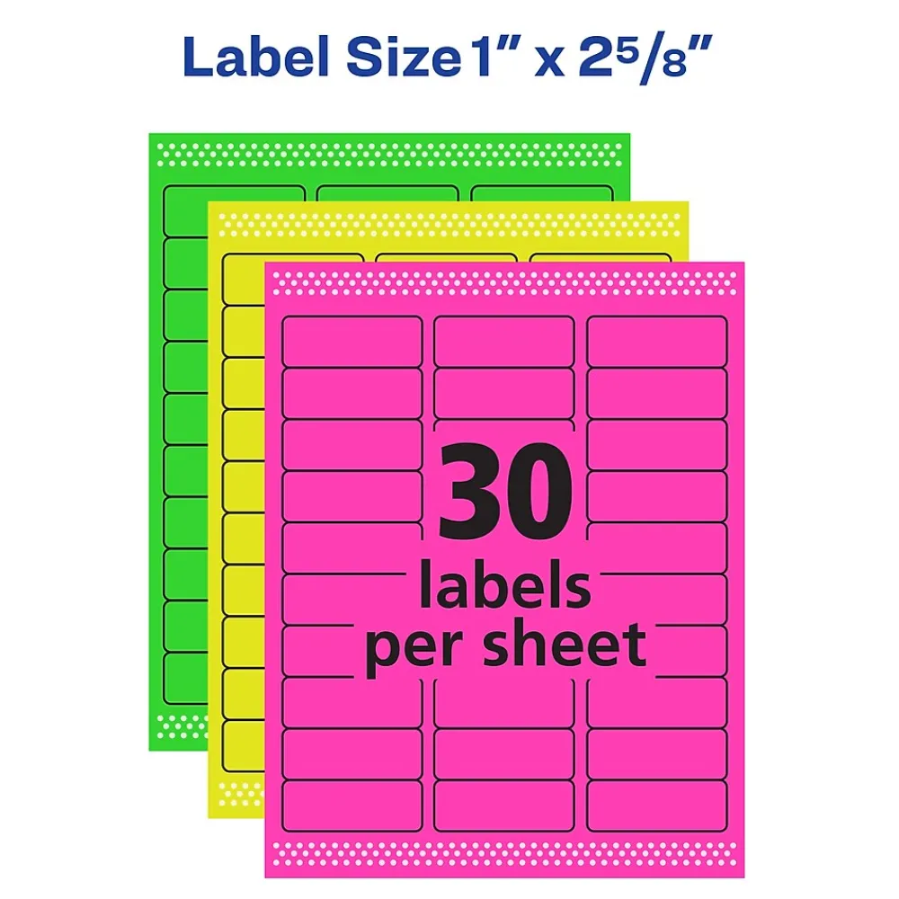 Labels|Avery Sure Feed Laser/Inkjet ID Labels, 1" x 2-5/8", Assorted Neon, 360 Labels/Pack (6479)
