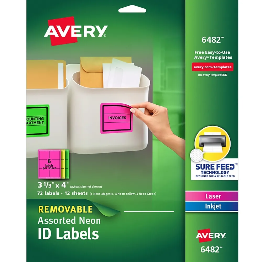 Labels|Avery Sure Feed Laser/Inkjet ID Labels, 3-1/3" x 4", Assorted Neon, 72 Labels/Pack (6482)