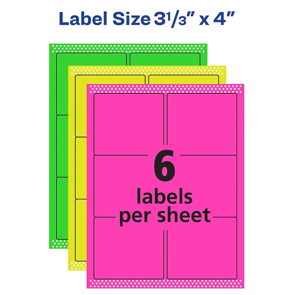 Labels|Avery Sure Feed Laser/Inkjet ID Labels, 3-1/3" x 4", Assorted Neon, 72 Labels/Pack (6482)