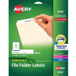 Labels|Avery Sure Feed Laser/Inkjet File Folder Labels, 2/3" x 3-7/16", White, 750 Labels/Pack (8066)