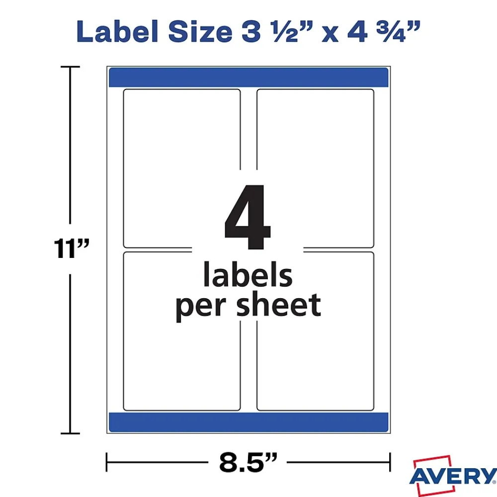 Labels|Avery Sure Feed Laser/Inkjet Durable Print-to-the-Edge Labels, 3.5" x 4.75", Satin White, 32 Labels/Pack (22827)