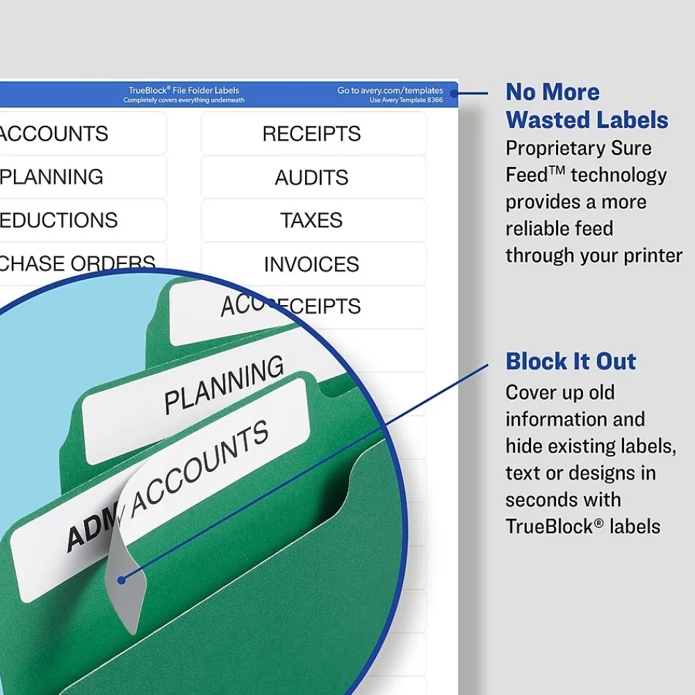 Labels|Avery TrueBlock Laser/Inkjet File Folder Labels, 2/3" x 3-7/16", White/, 1,500 Labels/Pack (5866) Green