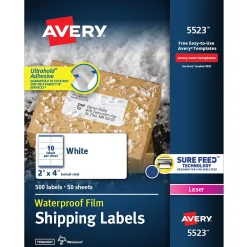 Labels|Avery Waterproof Laser Shipping Labels, 2" x 4", Matte White, 500 Labels/Box (5523)