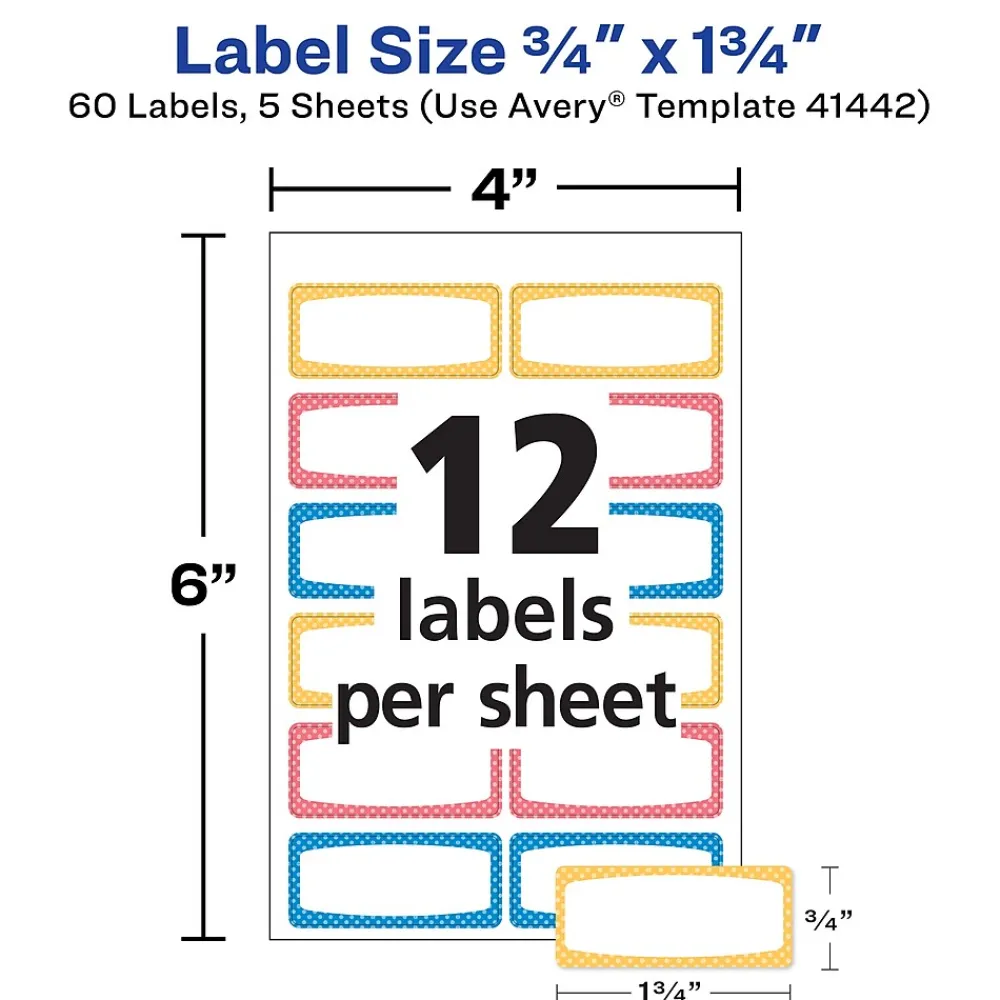 Labels|Avery Water-Resistant Laser/Inkjet ID Labels on 4" x 6" Sheets, 3/4" x 1-3/4", Assorted Border Colors, 60 Labels/Pack (41442)