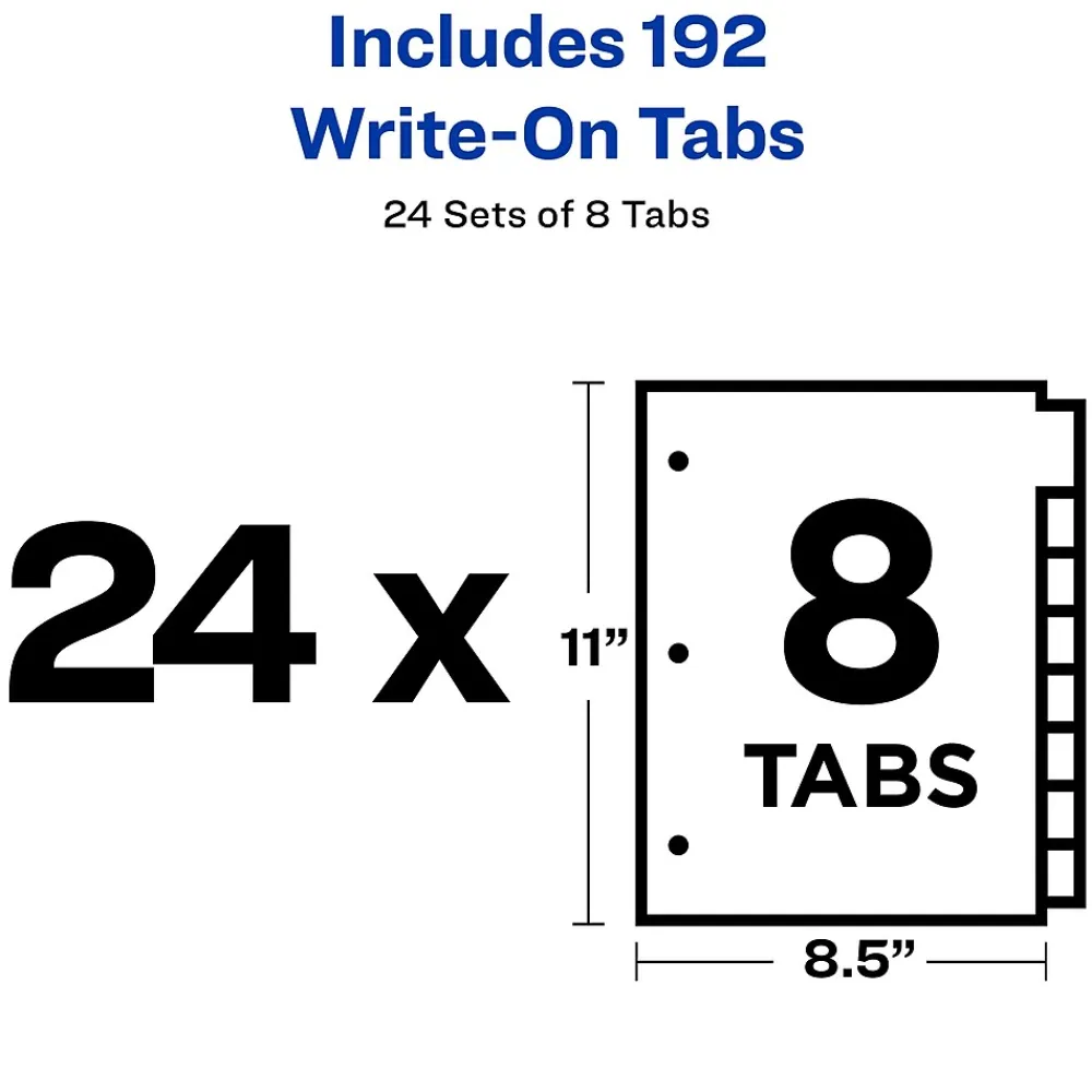 Dividers|Avery Write & Erase Paper Dividers, 8 Tabs, White, 24 Sets/Box (11507)