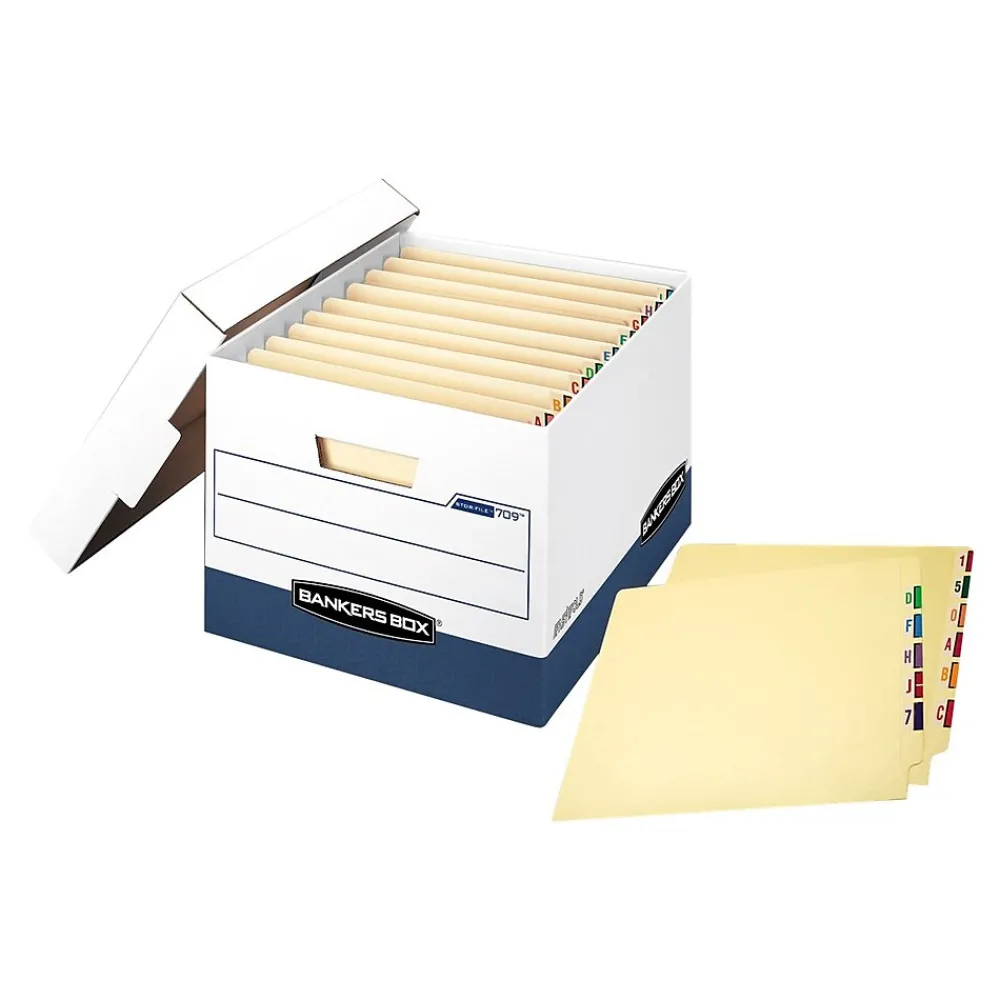 File Storage|Bankers Box® Bankers Box Heavy-Duty FastFold File Storage Boxes, Lift-Off Lid, Letter/Legal Size, White/Blue, 12/Carton (00709)