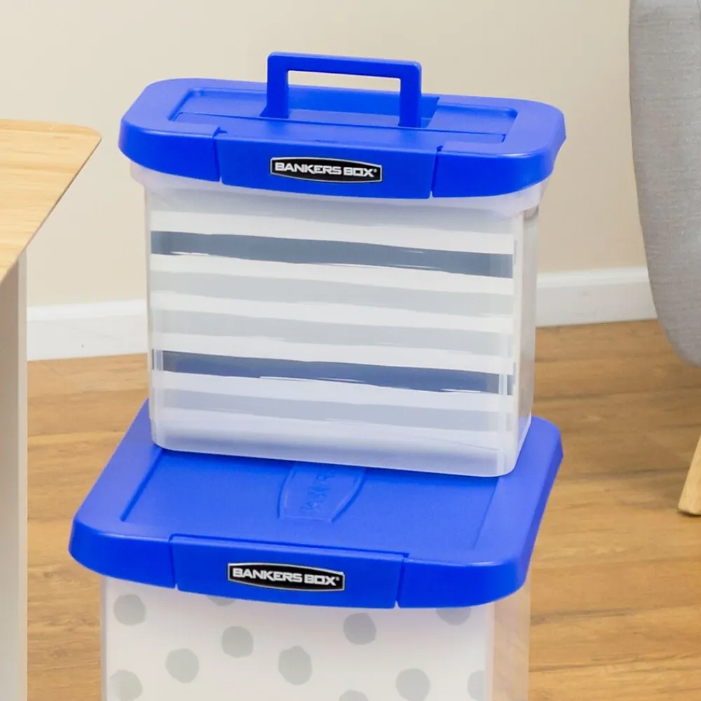 File Storage|Bankers Box® Bankers Box Heavy-Duty Plastic Portable File Storage Box, Letter Size, Blue/Clear (0086301)