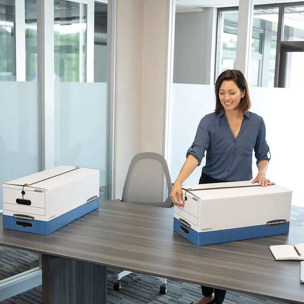 File Storage|Bankers Box® Bankers Box Liberty Heavy-Duty Corrugated File Storage Boxes, String & Button, Letter Size, White/Blue, 12/Carton (00011)