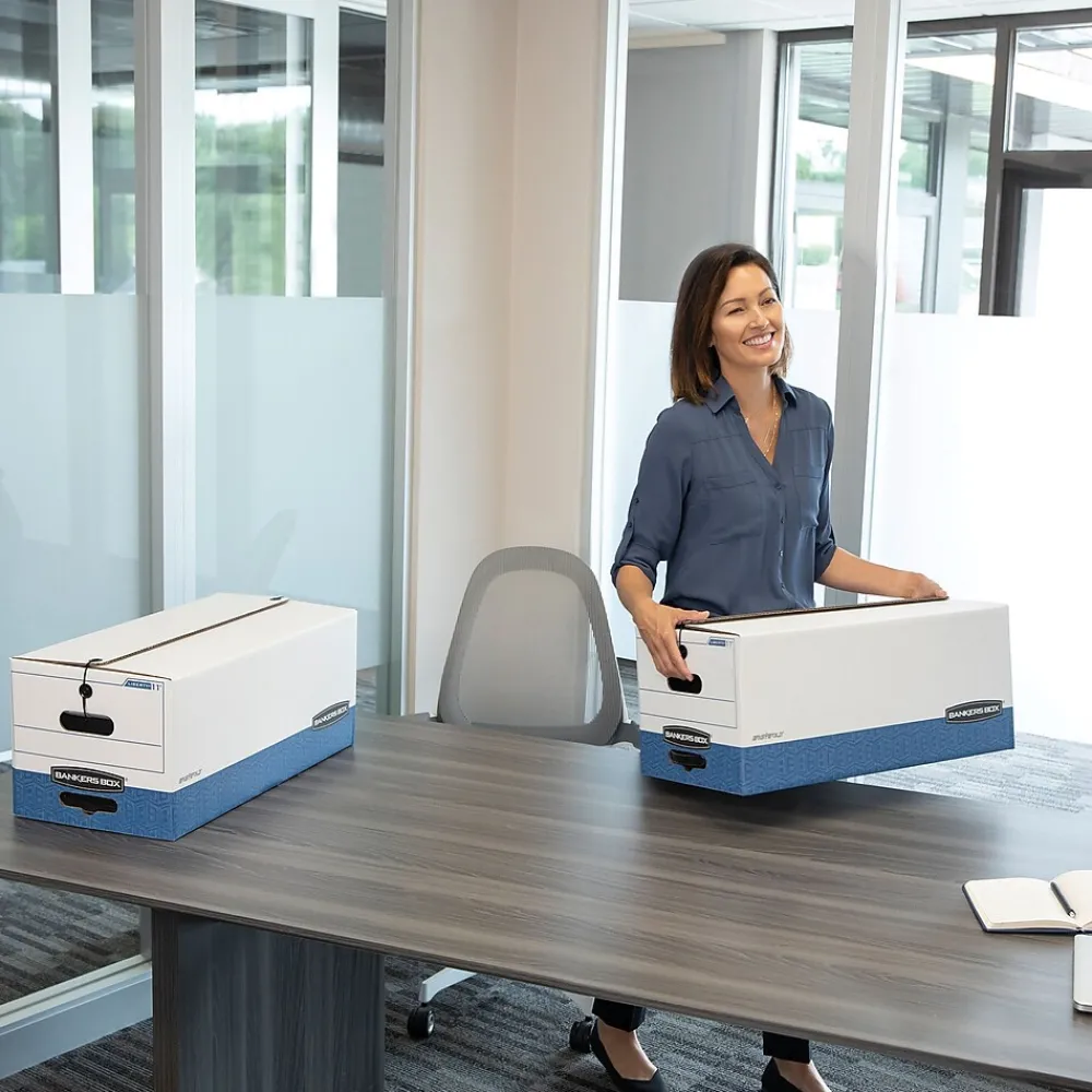File Storage|Bankers Box® Bankers Box Liberty Heavy-Duty Corrugated File Storage Boxes, String & Button, Letter Size, White/Blue, 12/Carton (00011)
