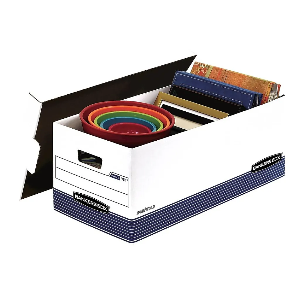 File Storage|Bankers Box® Bankers Box Medium-Duty FastFold Corrugated File Storage Boxes, Lift-Off Lid, Letter Size, White/Blue, 12/Carton (00701)