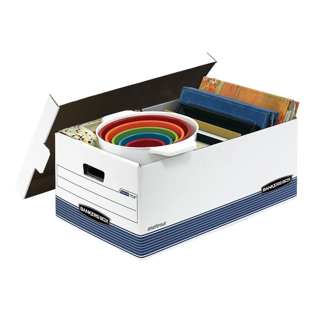 File Storage|Bankers Box® Bankers Box Medium-Duty FastFold Corrugated File Storage Boxes, 24" Lift-Off Lid, Legal Size, White/Blue, 12/Carton (00702)