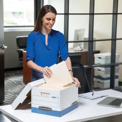 File Storage|Bankers Box® Bankers Box Stor/File™ Medium-Duty FastFold File Storage Boxes, Lift-Off Lid, Letter/Legal Size, White/Blue, 12/Carton (00789)